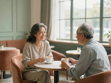 Two seniors chatting warmly over coffee in a beautifully styled, light-filled communal lounge, soft green and terracotta accents, natural and elegant atmosphere.