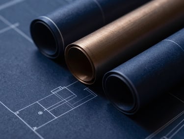 Extreme close-up of architectural blueprints, sharp shadows, minimalist structural lines, deep navy tones, 35mm