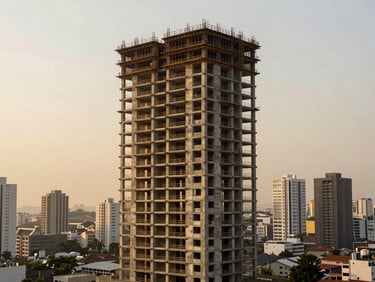 Elevated view of a modern residential tower under construction in Lima's financial district at dawn, concrete structure rising against a pale gold sky, urban density visible in the background