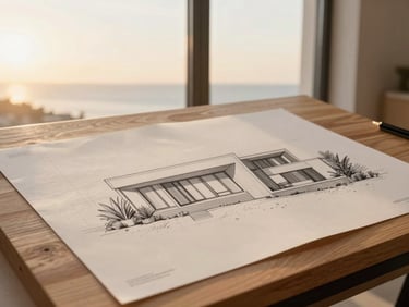 An architectural drawing of a modern coastal home resting on a wooden drafting table, soft golden hour window light, clean lines, warm minimalist aesthetic