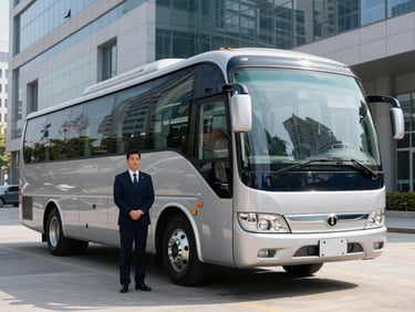 Modern executive motorcoach parked outside a corporate office building, professional chauffeur standing by, crisp morning daylight, deep navy and silver tones, clean reflections, sharp focus, 50mm lens