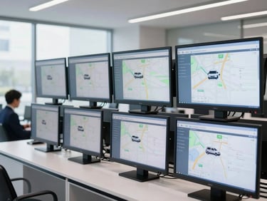 Clean, modern dispatch office with multiple screens displaying real-time vehicle tracking maps, professional staff in background, crisp daylight, 50mm lens.