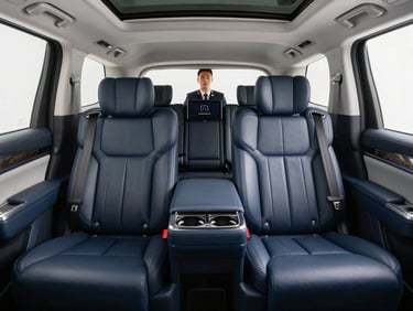 Clean, spacious interior of a luxury SUV, dispatch screen visible in background, professional chauffeur in uniform, crisp morning daylight, deep navy and silver tones, clean reflections, sharp focus, 50mm lens