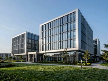 Modern corporate campus architecture in Northern Virginia, with manicured landscaping and clear skies.