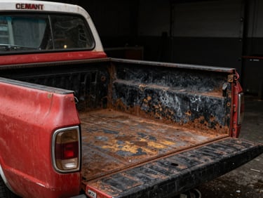 Gritty close-up of a rusted, faded red pickup truck tailgate in a dark garage, flat lighting, realistic wear