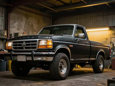 Low-angle heroic shot of a restored 1982 Ford F-100 truck in matte black, parked inside a gritty workshop with harsh yellow rim lighting, dramatic shadows, 35mm.