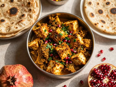 Overhead flat-lay of a colorful Indian school tiffin filled with fresh paneer bhurji, soft rotis, and fresh pomegranate seeds, warm morning sunlight, rich turmeric tones