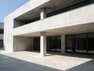 Architectural wide angle of a modern concrete office interior, clean lines, sharp geometric shadows, daylight, 35mm