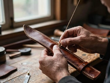Close-up of a master artisan's hands carefully stitching a leather archery quiver, rich brown leather, waxed thread, natural light from a workshop window, rugged heritage photography