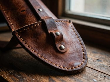 Macro detail of hand-stitched leather on a traditional quiver, dramatic workshop lighting.