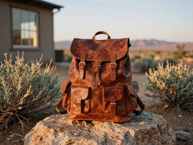 Traditional leather backpack resting on a rock in a high-desert landscape at golden hour, sagebrush around it.