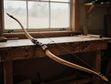 A traditional longbow, made from slow-cured yew wood, leaning against a workbench in a Nampa workshop, dramatic side-lit workshop window light, rich wood textures, heirloom-grade