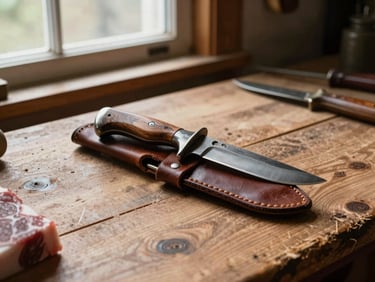 Vintage-style hunting knife with a wooden handle and leather sheath, placed on a workbench with raw timber.