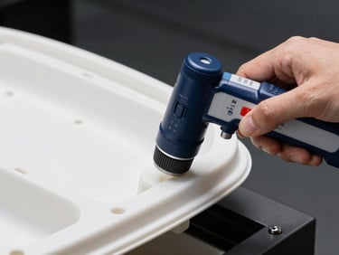 Handheld portable color measurement device being pressed against a molded plastic auto part on a manufacturing floor, focused studio lighting