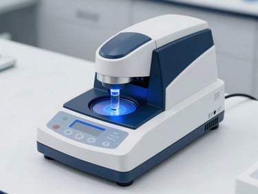 Spectrophotometer benchtop instrument on a clean white lab counter, measuring a liquid chemical sample in a quartz cuvette, cool blue backlighting