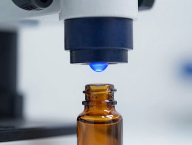 Macro close-up of amber pharmaceutical liquid being analyzed under a precise blue light beam sensor in a sterile cleanroom, landscape aspect