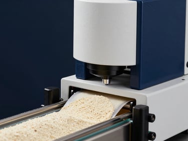 Automated inline spectrophotometer sensor mounted above a conveyor belt measuring continuous food powder extrusion, high-contrast scientific aesthetic