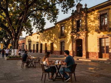 A couple sitting at a quiet outdoor cafe in a historic Latin American plaza, warm golden light filtering through trees, authentic local atmosphere, warm editorial travel photography