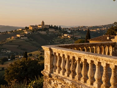 Sun-drenched stone balcony overlooking historic Italian hills, warm golden hour light, editorial travel photography.