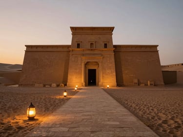 An ancient desert temple at twilight, warm lanterns lighting the path, cinematic travel photography.