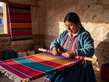 A local artisan weaving a colorful textile in an open-air workshop in Peru, warm afternoon sun, natural textures, organic portrait