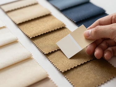 Close-up of fabric swatches in various muted gold tones, neatly arranged, with a hand holding a Pantone color chip for comparison, soft light.