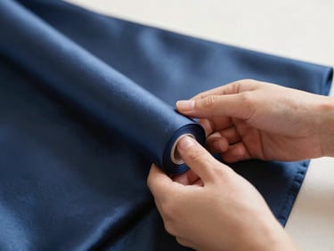 Hands gently inspecting a roll of rich navy blue bridal satin, showing the sheen and texture under soft studio light, close-up.