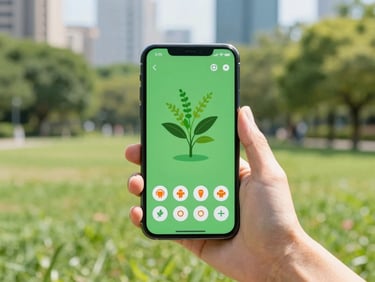 A hand holding an Android phone displaying a green and orange plant-identification interface, sunny city park grass and soft-focus trees behind, bright daylight.