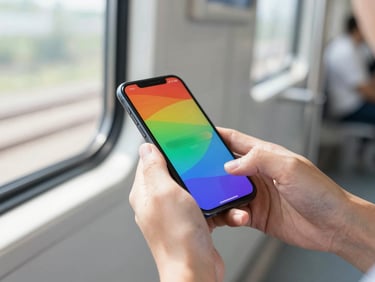 Close-up of hands holding a smartphone showing a vibrant progress bar app inside a bright modern subway car, window light casting realistic shadows, shallow depth of field.
