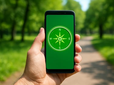 First-person perspective of a hand holding an Android phone displaying a vibrant green compass interface against a blurred backdrop of a lush city park trail, bright natural daylight