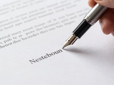 Macro shot of a fountain pen meticulously signing a document on thick paper, focus on the pen tip and text, natural light.