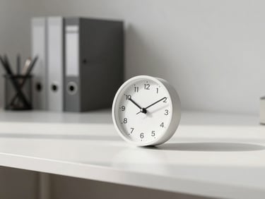 Minimalist desk with a sleek, modern clock in the foreground, blurred background of organized office supplies, soft daylight.
