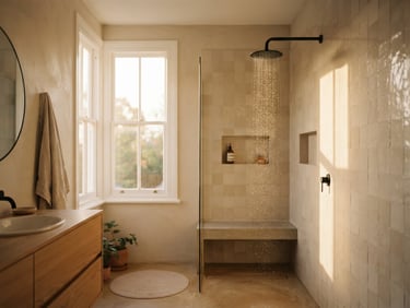 Wide shot of a minimalist, warm-toned bathroom at golden hour, soft light streaming through a window, a single shower head with gentle water droplets, generous negative space.