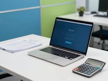 Bright editorial photography of a modern Indian workspace, neat desk with a laptop, documents, and a calculator, natural daylight, 35mm