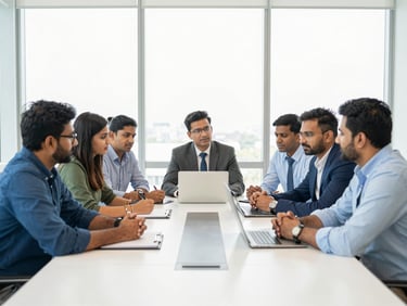 Wide horizontal editorial portrait of a professional Indian consulting team collaborating around a clean conference table, bright daylight, 35mm