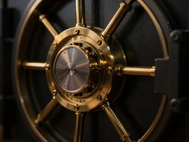 macro close-up of a secure modern vault mechanism with gold accents, dramatic low-key lighting, high contrast, luxury feel