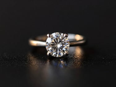 Macro photography of an exquisite diamond ring reflecting sharp light, dramatic single-source key light, shallow depth of field, dark background