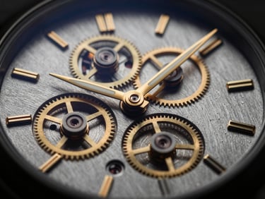 Extreme close-up of a luxury mechanical watch dial showing intricate gears and gold hands, dramatic low-key lighting, high contrast