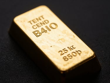 Macro close-up of a certified 24-karat gold bullion bar with official stamps, dramatic low-key lighting, sharp golden reflections on deep black background
