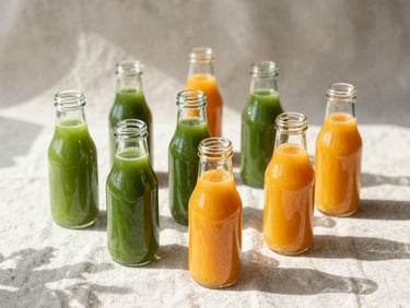 Wide shot of fresh green and orange juices in minimalist glass bottles arranged on a raw linen cloth, bright natural morning light, soft botanical shadows.