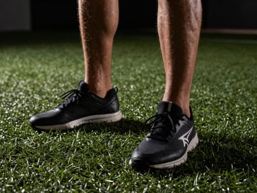 A close-up of controlled athletic movement on a turf gym floor, focusing on stable ankles and athletic footwear, low-key dramatic lighting