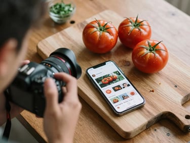 An overhead view of a photographer's workspace with a camera, a rustic cutting board with fresh tomatoes, and a smartphone showing a social media feed