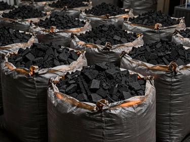 Industrial packaging facility showing heavy-duty export-grade bags filled with charcoal, ready for container loading