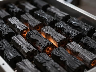 BBQ charcoal briquettes arranged on an industrial sorting line, warm side-lighting highlighting the textured surfaces