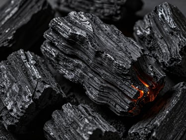 Macro shot of natural hardwood lump charcoal showing dense wood grain structure, side-lit by warm ember glow, high contrast