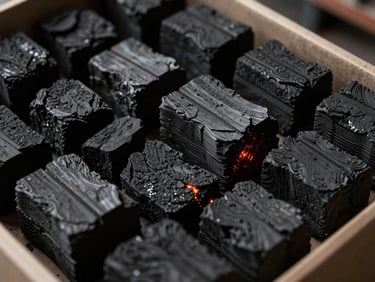 Industrial mid-shot of export-grade BBQ charcoal in heavy-duty packaging inside a warehouse, 50mm lens