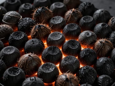 Close-up of uniform coconut shell charcoal briquettes stacked neatly, warm ember-like backlighting, dramatic low-key lighting