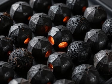 Close-up of geometric coconut shell charcoal briquettes, uniform shape, glowing internally with a subtle orange ember, dark background