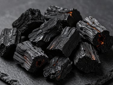 Macro shot of high-density hardwood lump charcoal textures, side-lit studio shafts, dark slate background
