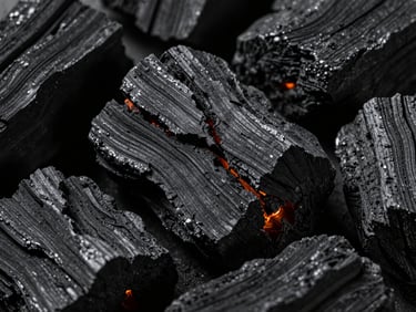 Close-up of premium lump charcoal pieces displaying clean fractures and high carbon purity, dramatic low-key studio lighting